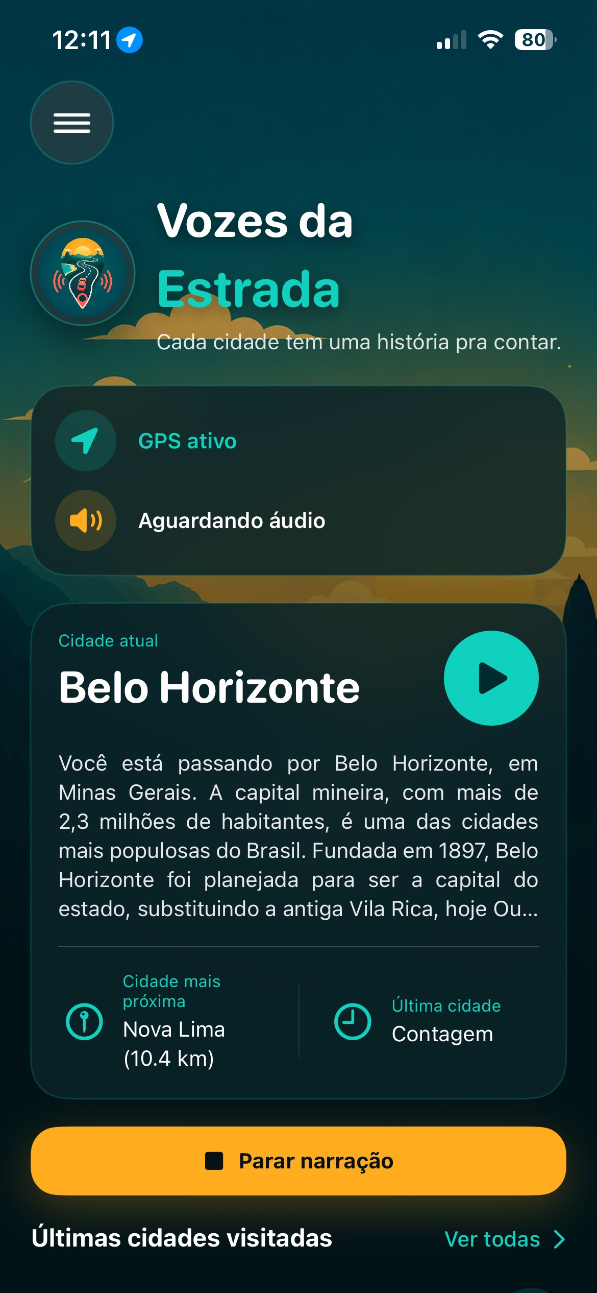 Tela inicial do Vozes da Estrada no iPhone