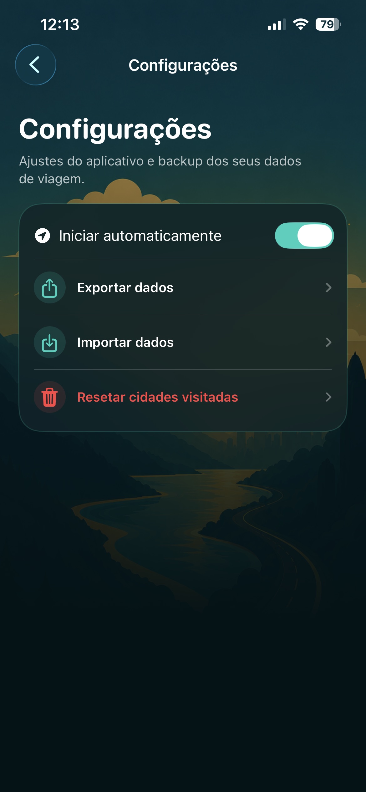 Tela de configurações
