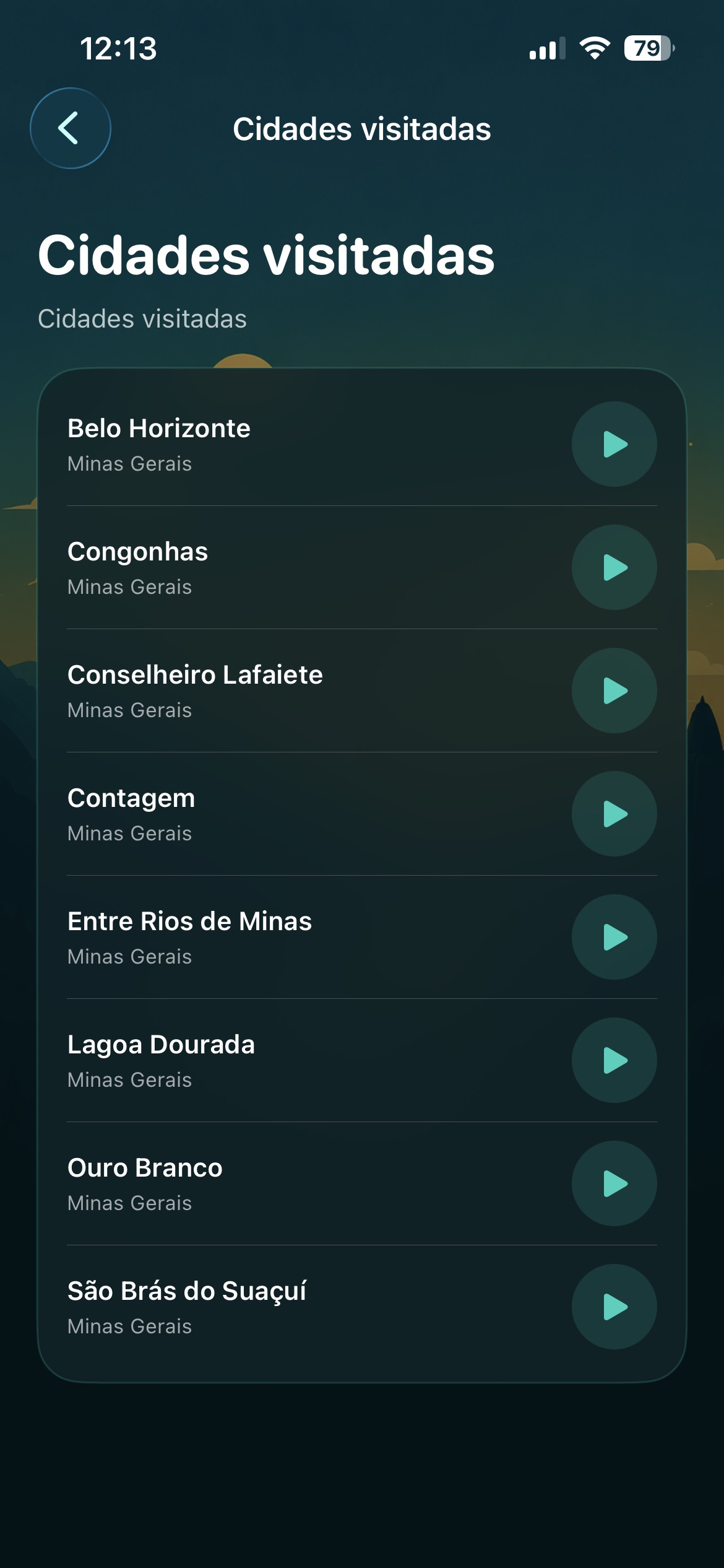Tela de cidades visitadas