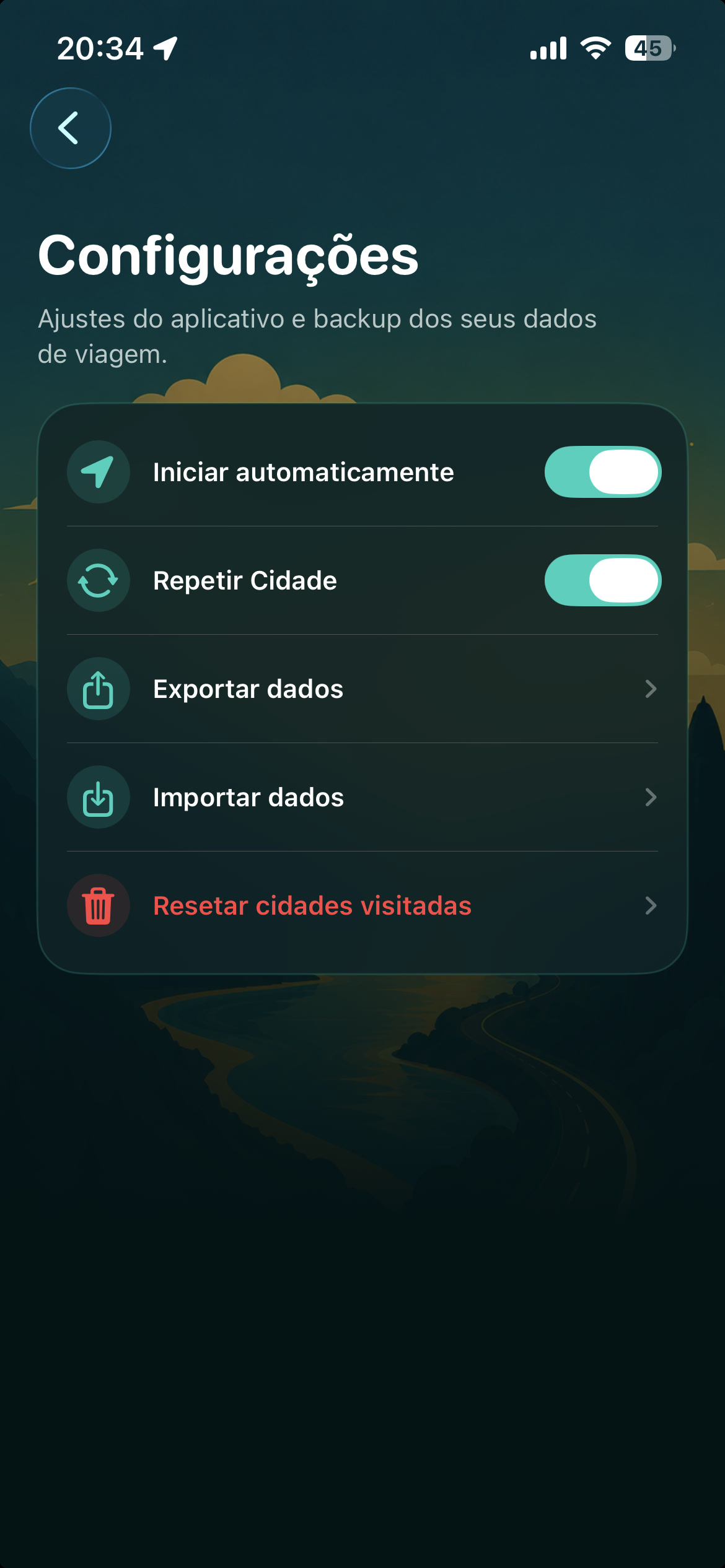 Tela de configurações